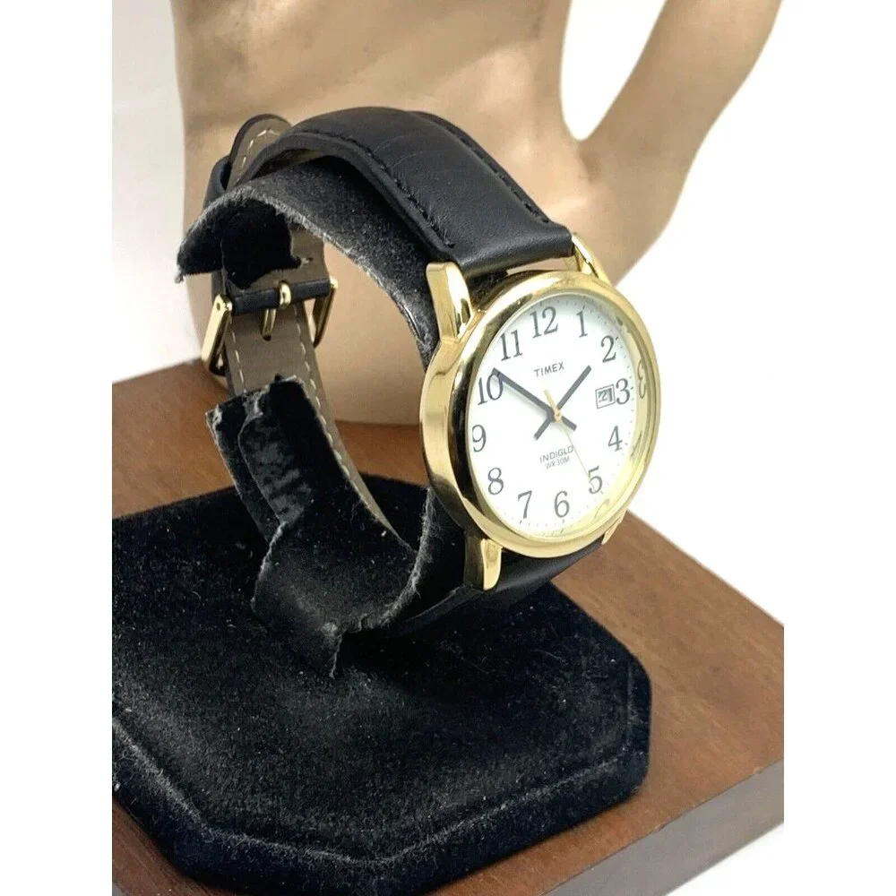 Timex Men's Watch T2H291 Quartz Indiglo Gold White Dial Black Leather Band 35mm